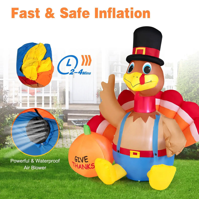 6 Feet Thanksgiving Inflatable Turkey with Pumpkin Fall Harvest Decor with Lights by DirectDeals