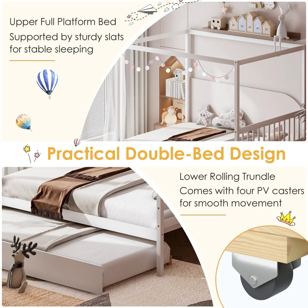 Full Size Canopy Bed with Trundle Wooden Platform Bed Frame Headboard, photo 7 of 9