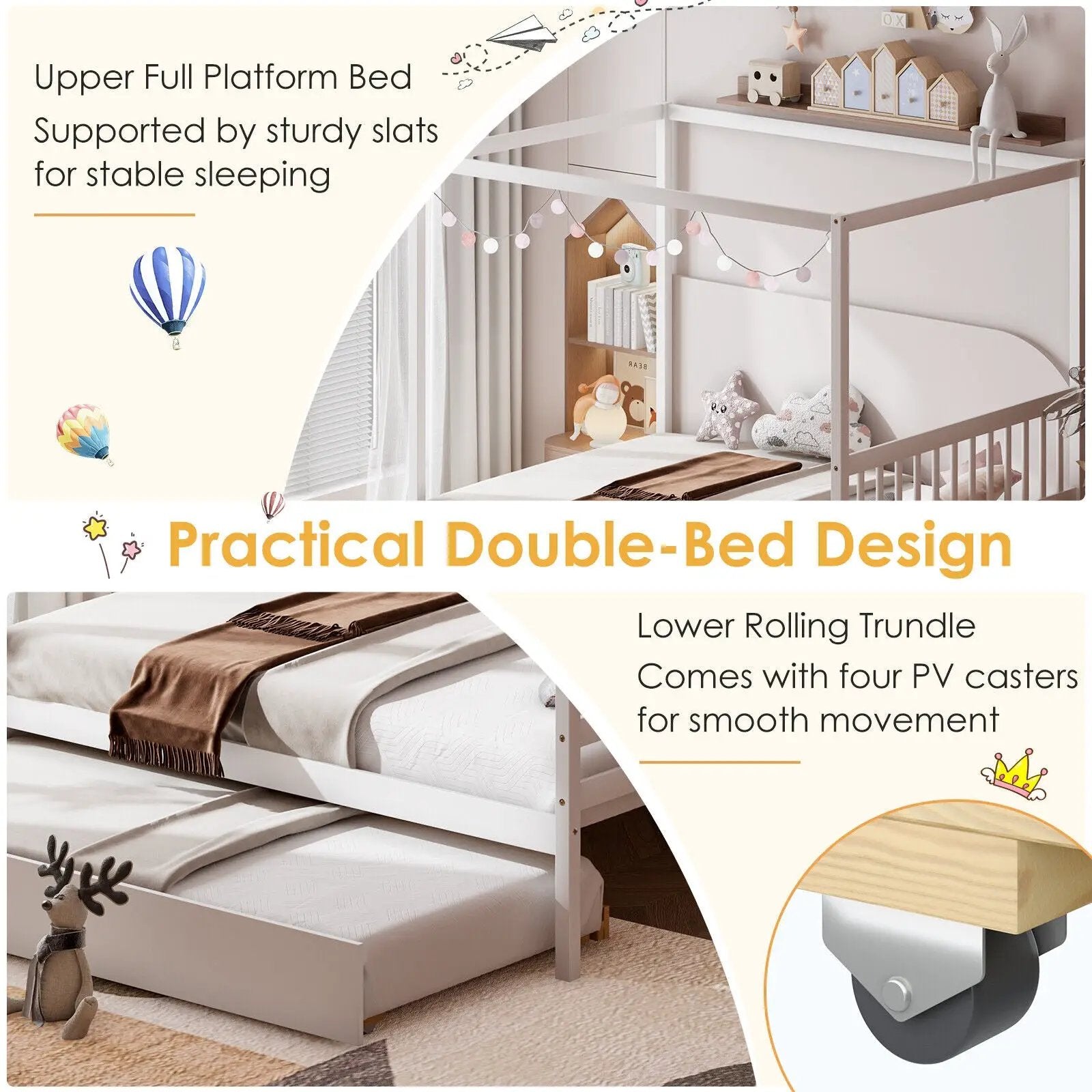 Full Size Canopy Bed with Trundle Wooden Platform Bed Frame Headboard by DirectDeals