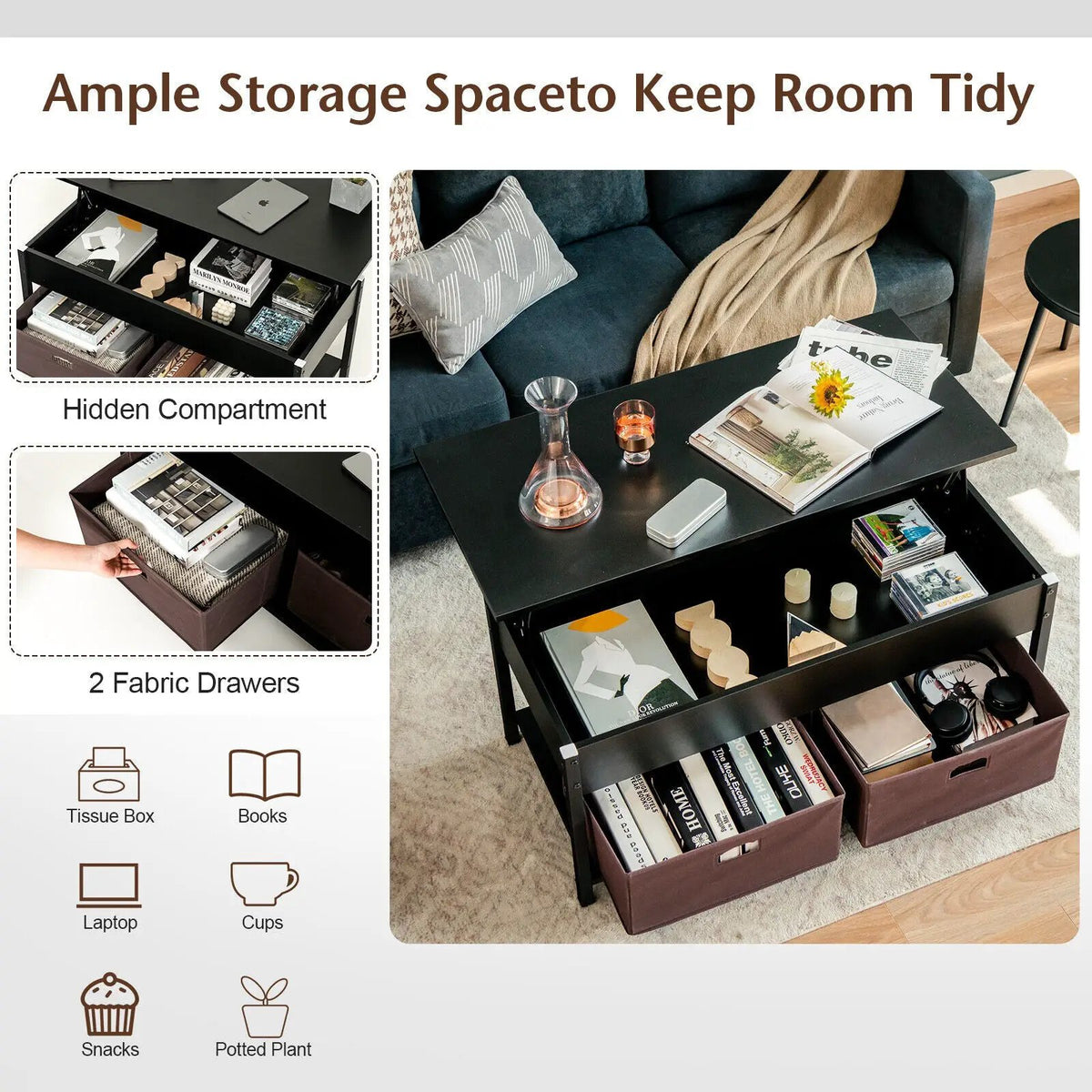 Lift Top Coffee Table Central Table with Drawers and Hidden Compartment for Living Room, photo 14 of 24