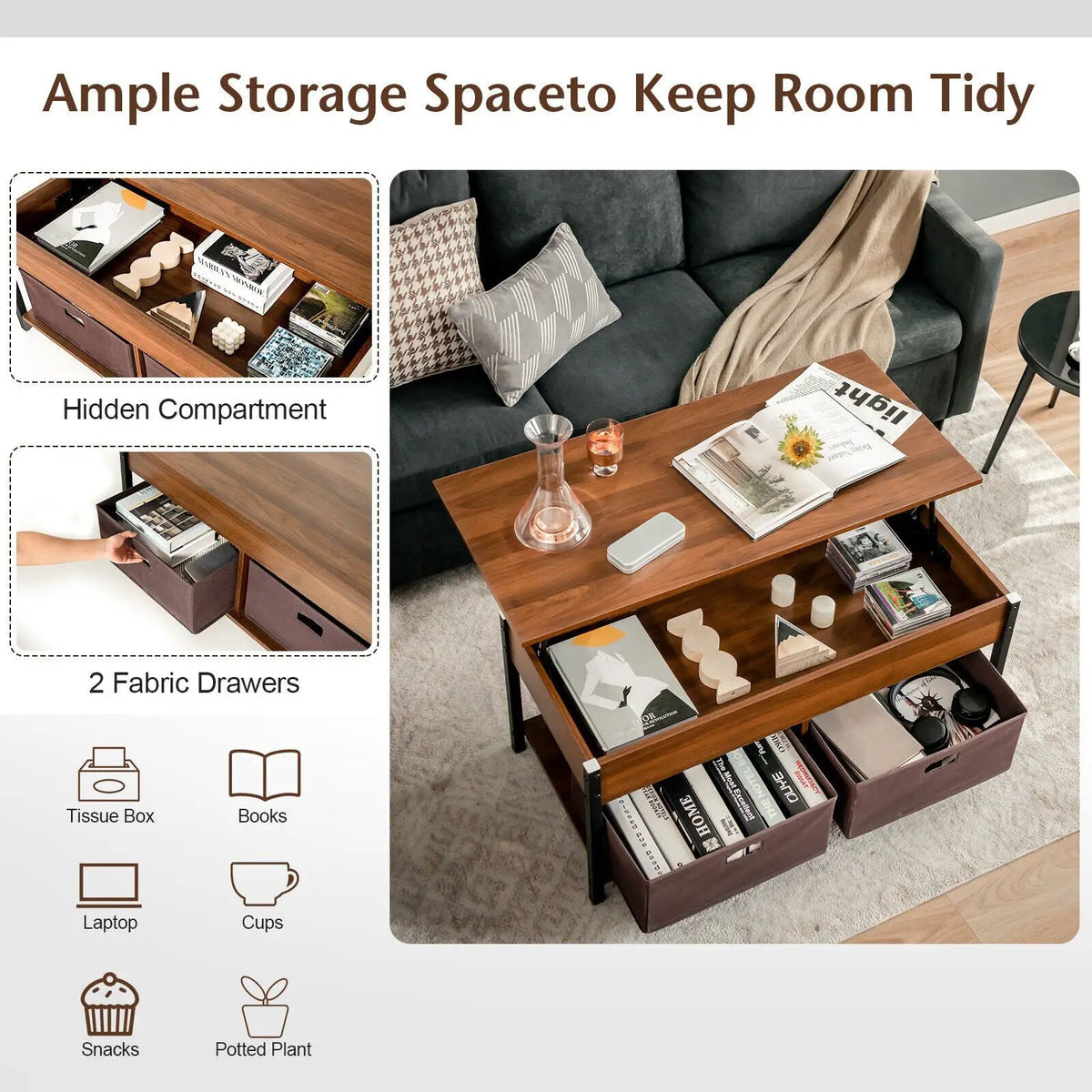 Lift Top Coffee Table Central Table with Drawers and Hidden Compartment for Living Room, photo 13 of 24