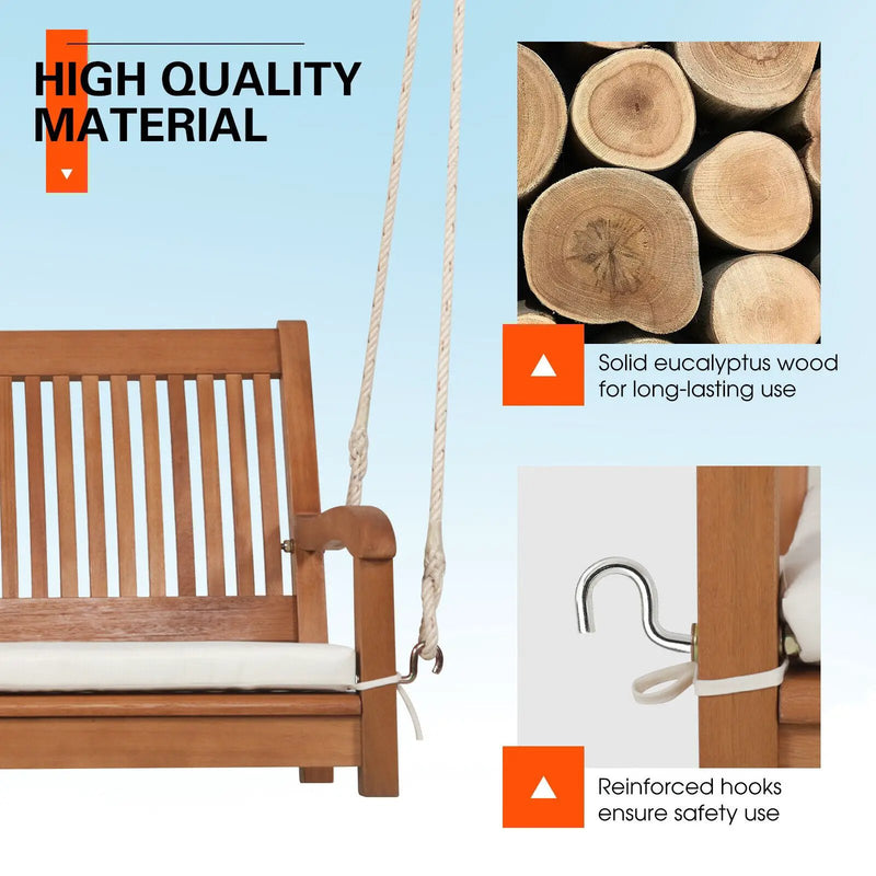 2-Person Hanging Porch Swing Wood Bench with Cushion Curved Back by DirectDeals