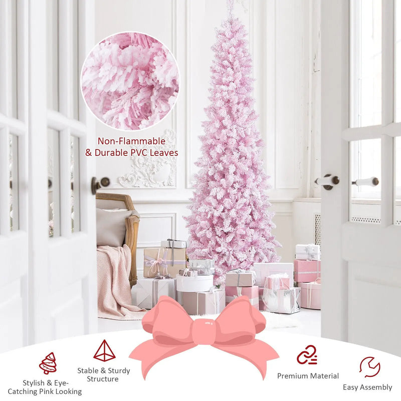 7 Feet Pre-Lit Snow Flocked Hinged Pencil Christmas Tree with 300 Lights and 8 Modes by DirectDeals