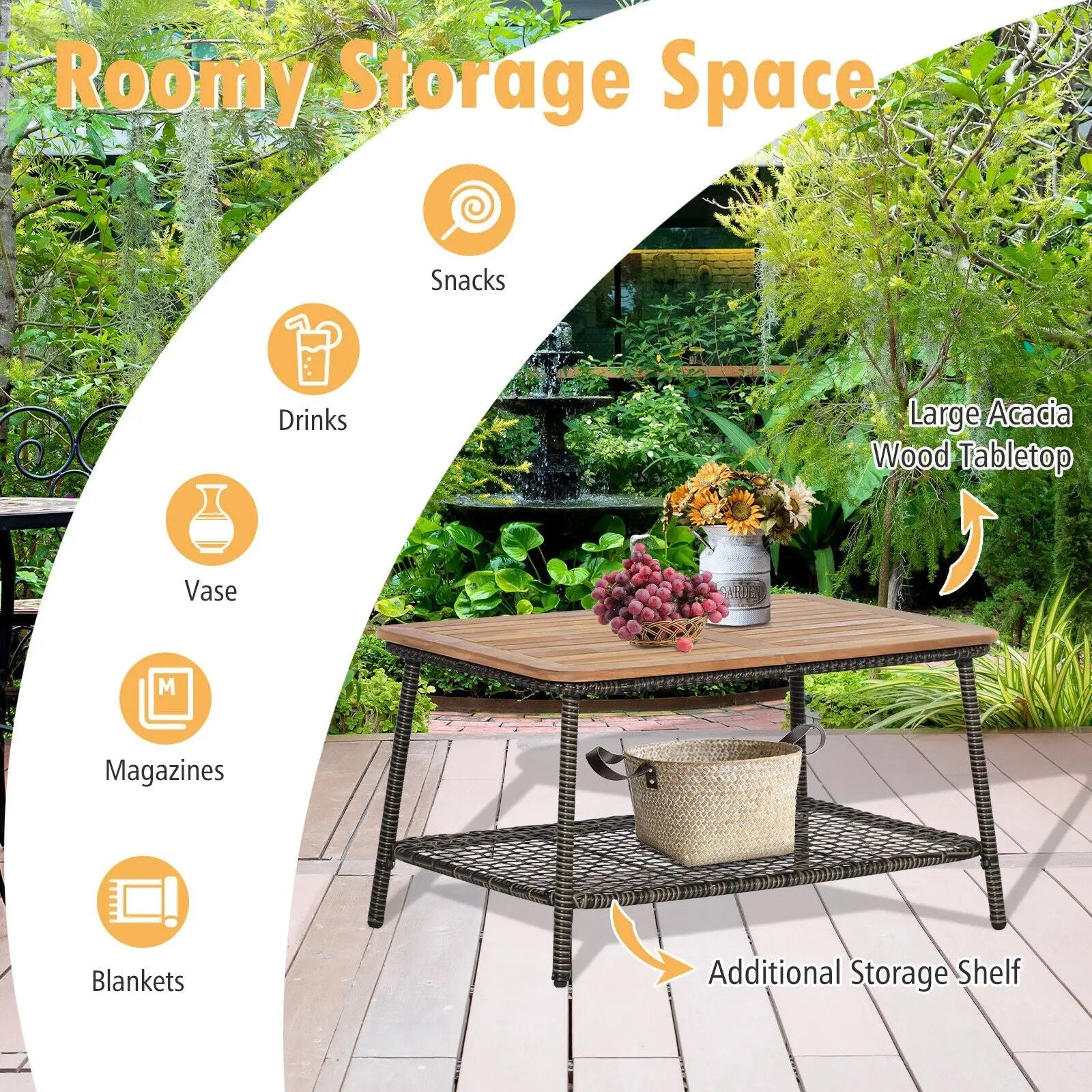 5 Pieces Patio Rattan Furniture Set Cushioned Sofa Armrest Wooden Tabletop-Off White by DirectDeals