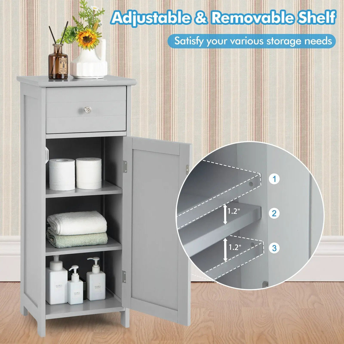 Wooden Bathroom Floor Storage Cabinet with Drawer and Shelf, photo 9 of 32