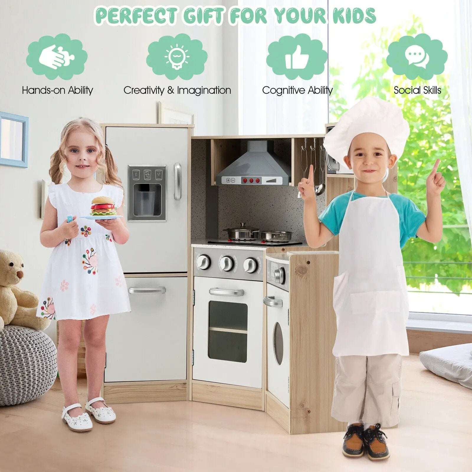 Kids Corner Wooden Kitchen Playset with Cookware Accessories by DirectDeals
