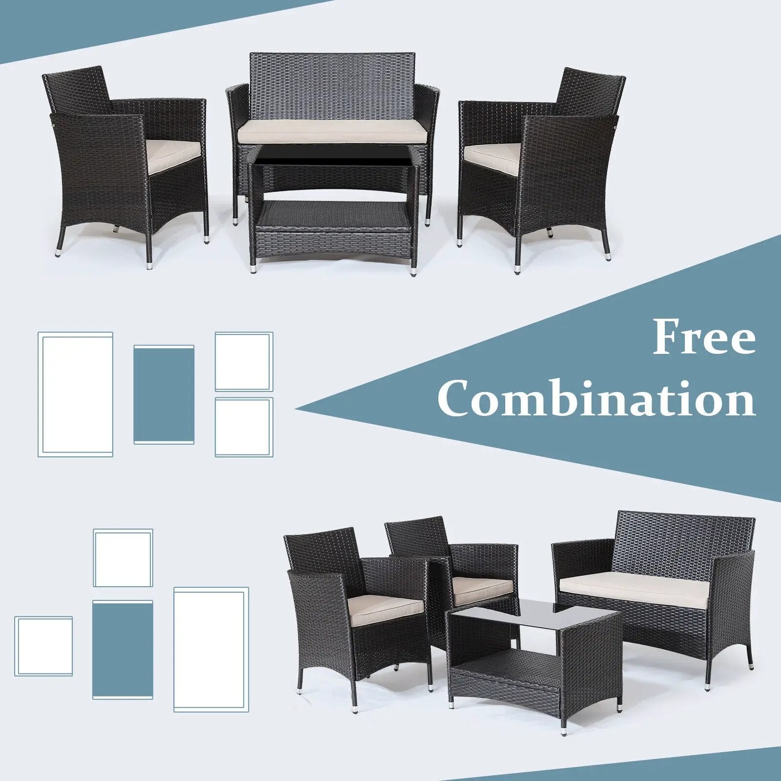 4 Pieces Patio Conversation Set with Soft Cushions and Tempered Glass Tabletop by DirectDeals