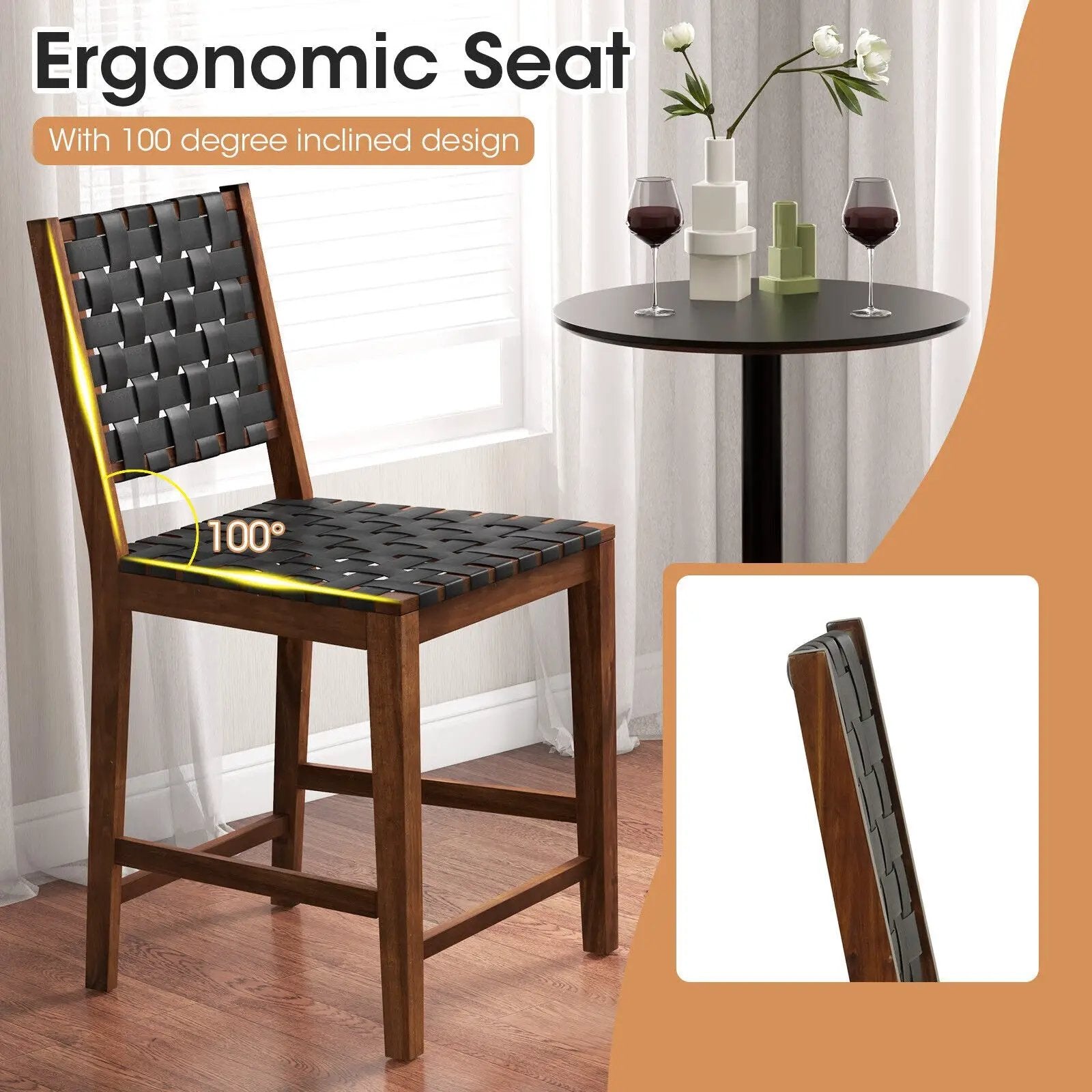 Set of 2 Woven Bar Stools with Faux PU Leather Straps-Black by DirectDeals