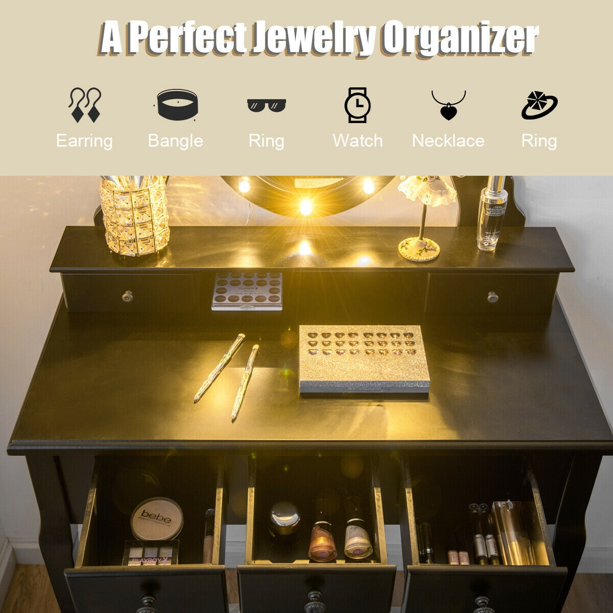 5 Drawers Vanity Table Stool Set with 12-LED Bulbs, photo 8 of 9