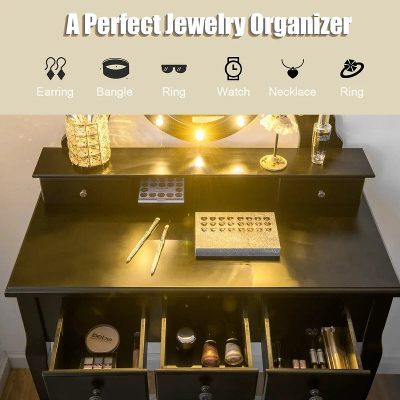 5 Drawers Vanity Table Stool Set with 12-LED Bulbs by DirectDeals