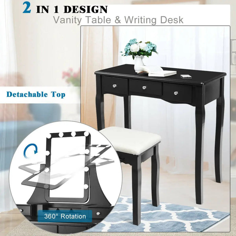 10 Dimmable Light Bulbs Vanity Dressing Table with 2 Dividers and Cushioned Stool by DirectDeals