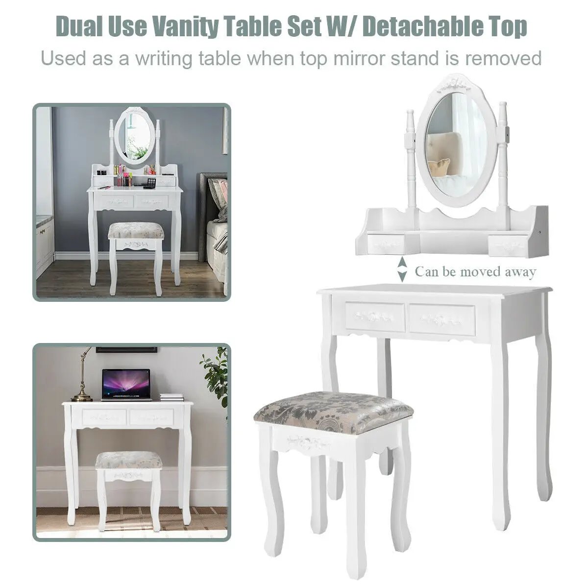 Vanity Table Set with Oval Mirror and 4 Drawers-White by DirectDeals
