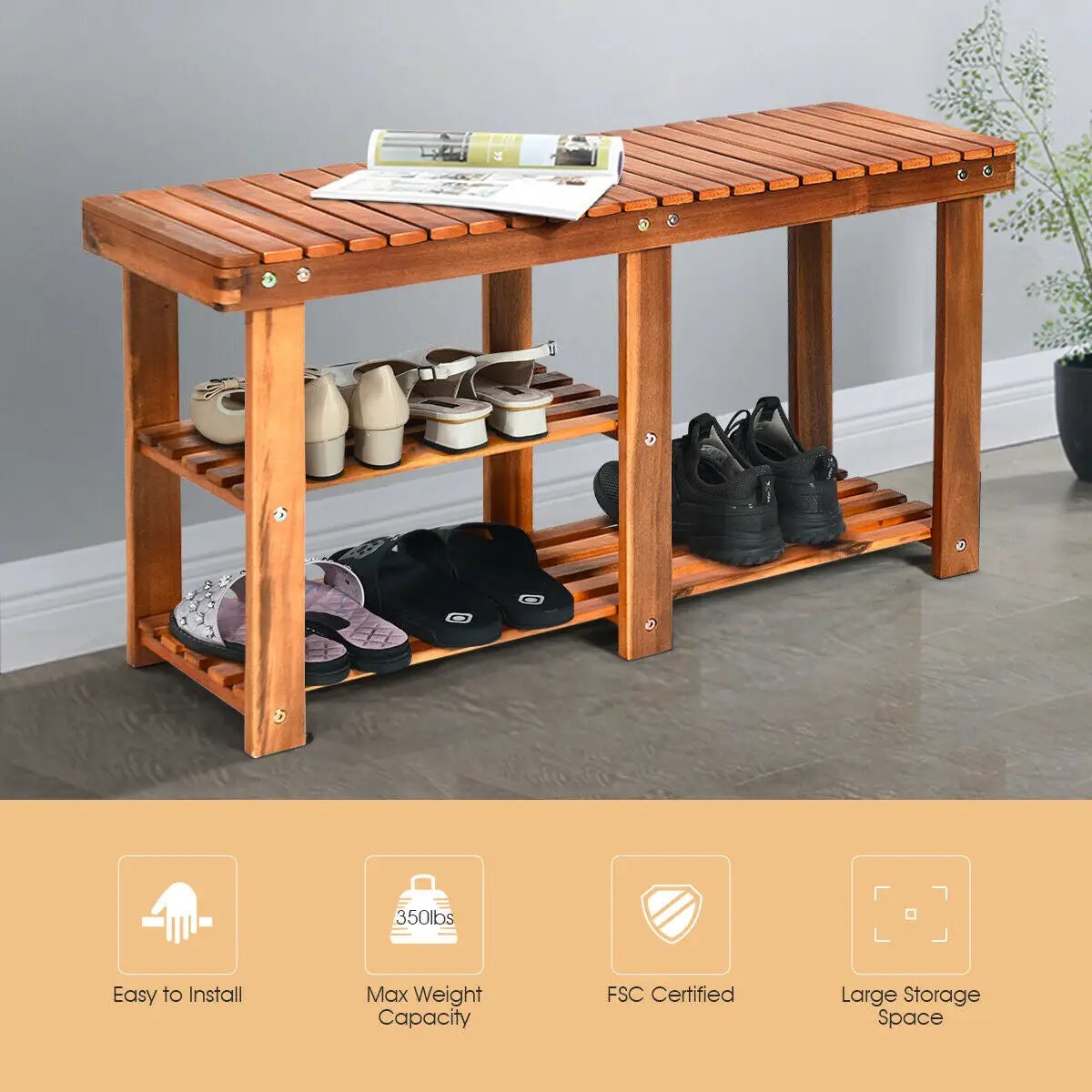3-Tier Freestanding Wooden Shoe Organizer with Seat by DirectDeals