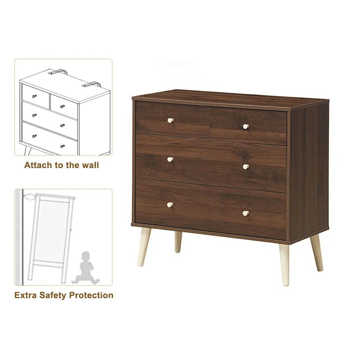 4-Drawer Dresser Cabinet Storage Organizer Rubber Leg with Rail-Brown by DirectDeals