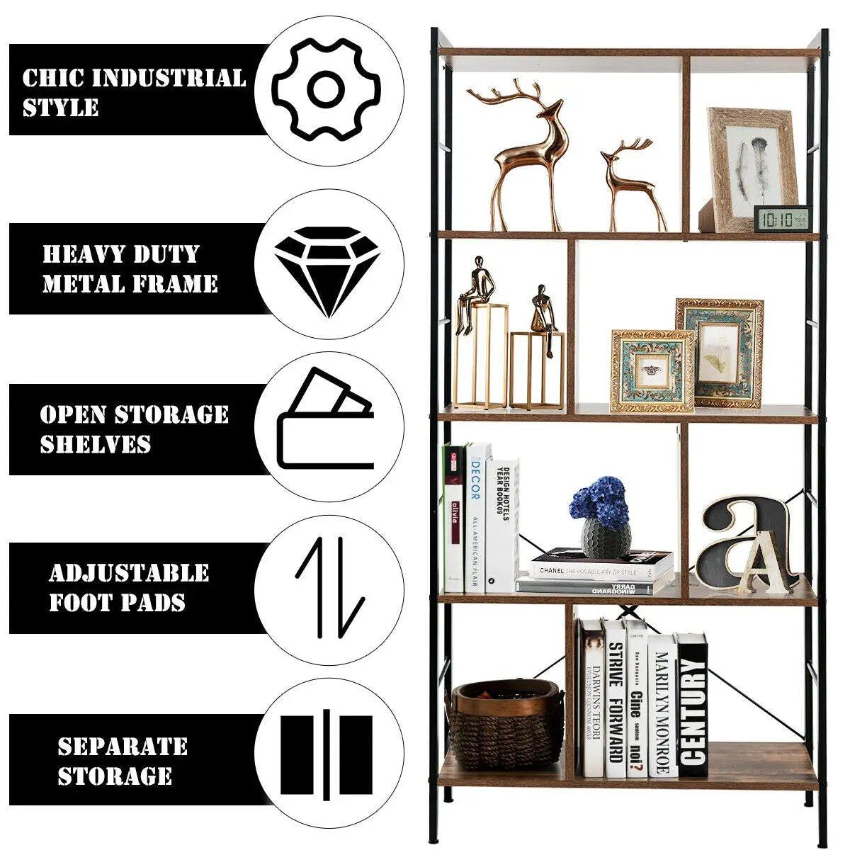 4-Tier Industrial Freestanding Bookshelf with Metal Frame by DirectDeals