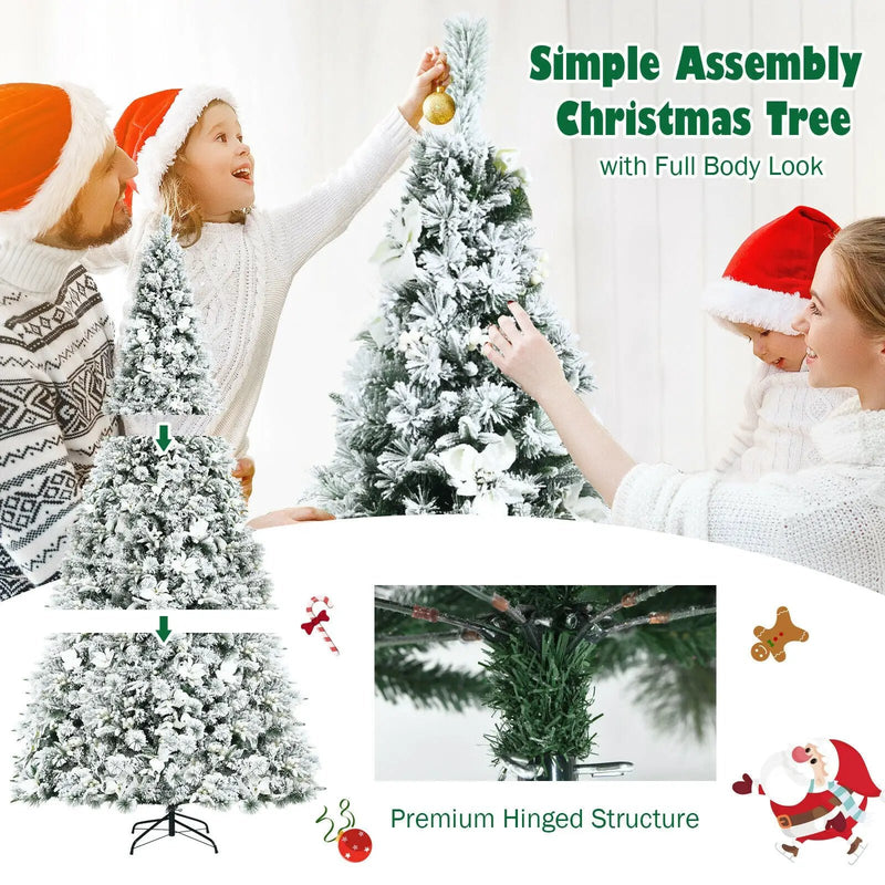 8 Feet Snow Flocked Hinged Christmas Tree with Berries and Poinsettia Flowers by DirectDeals