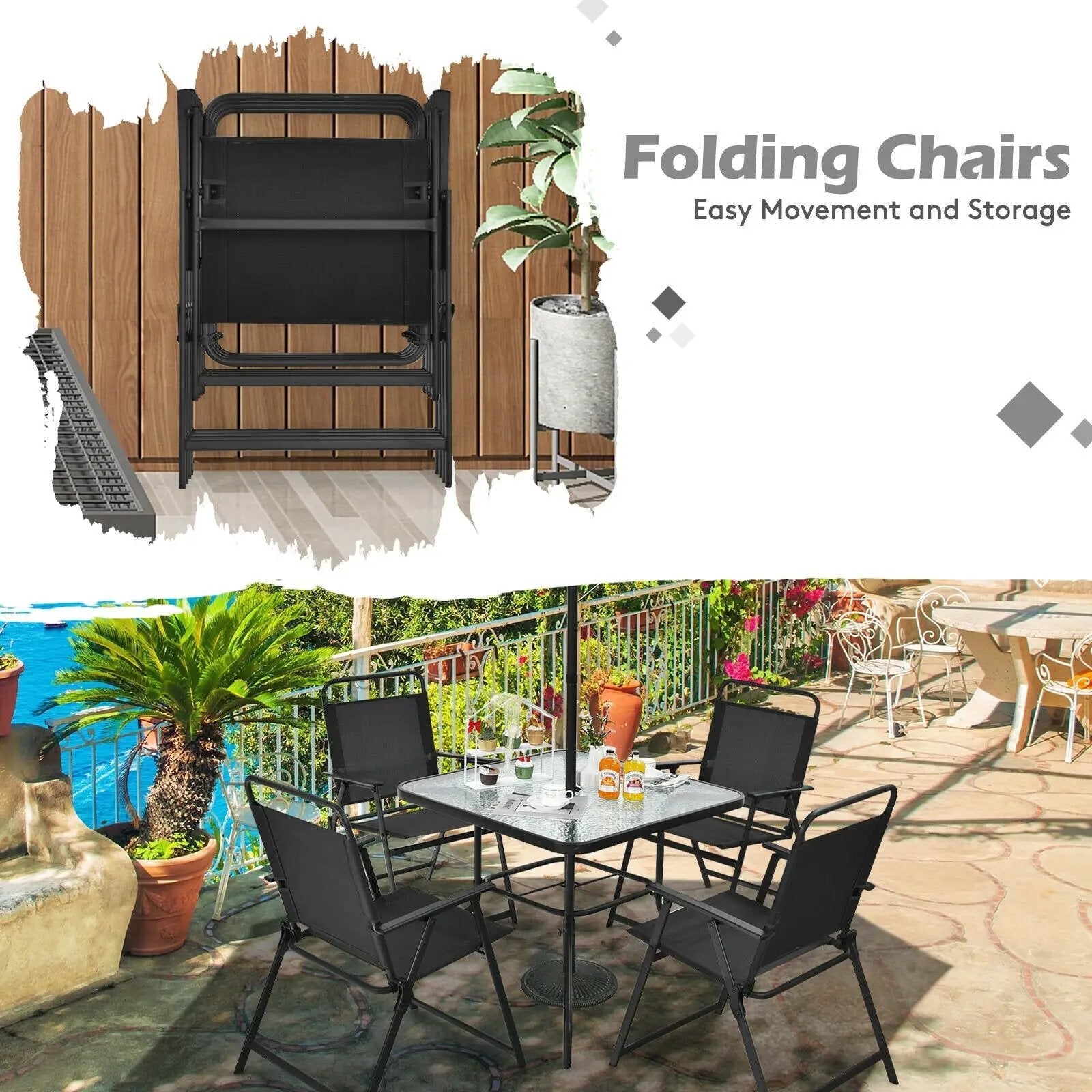 6 Pieces Patio Dining Set with Umbrella-Gray by DirectDeals