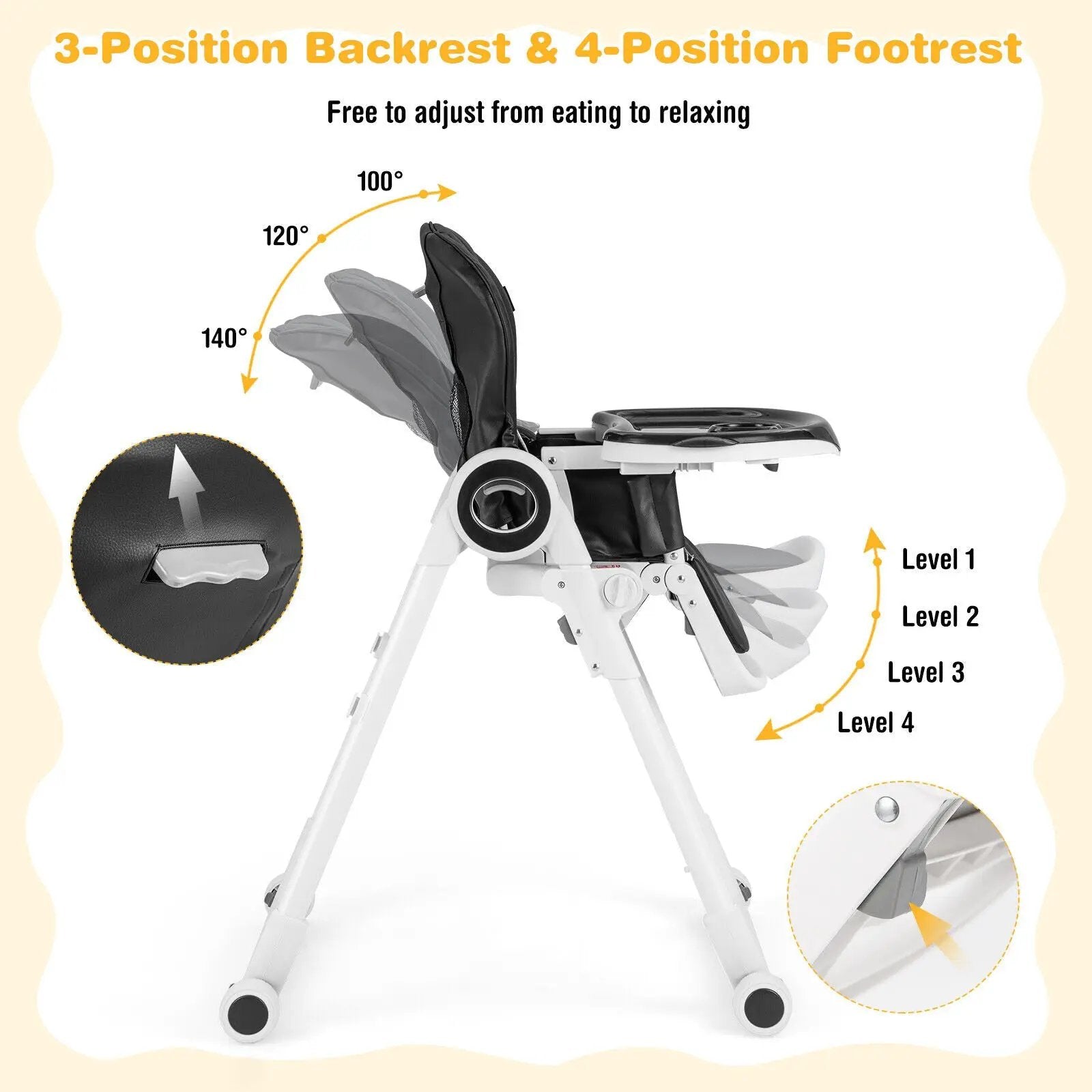 Baby High Chair Foldable Feeding Chair with 4 Lockable Wheels by DirectDeals