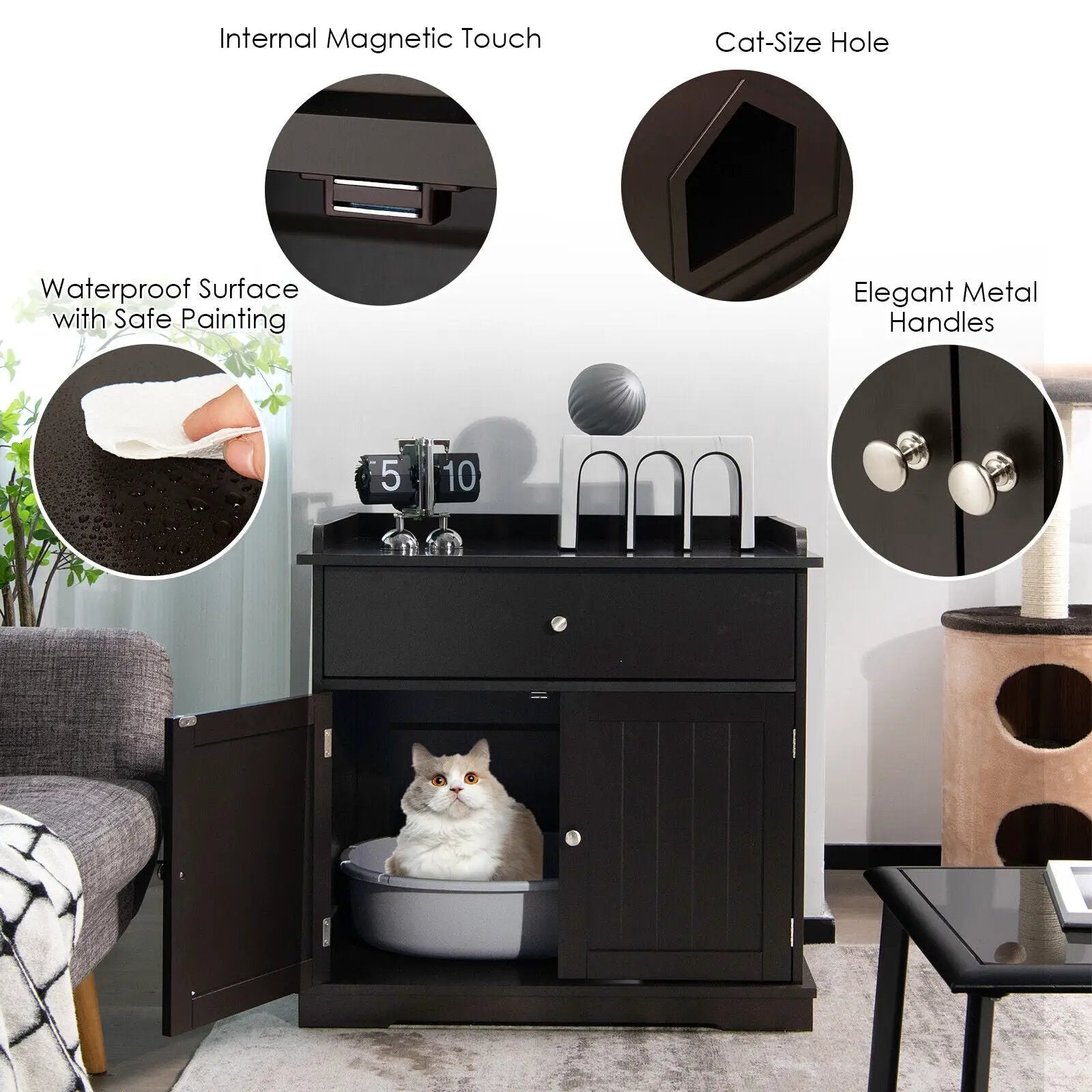 Wooden Cat Litter Box Enclosure with Drawer Side Table Furniture by DirectDeals