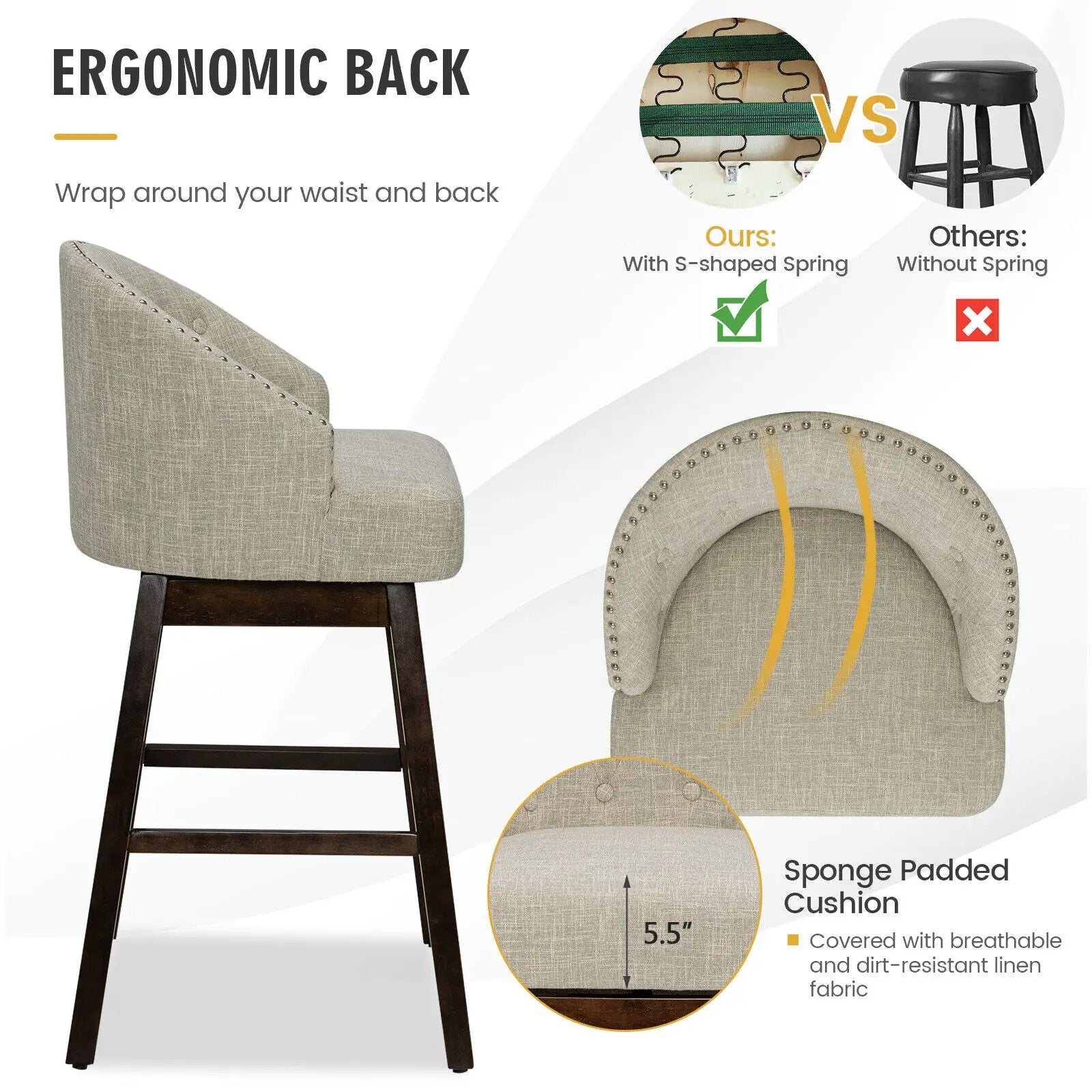 Set of 2 Swivel Bar Stools with Rubber Wood Legs and Padded Back by DirectDeals