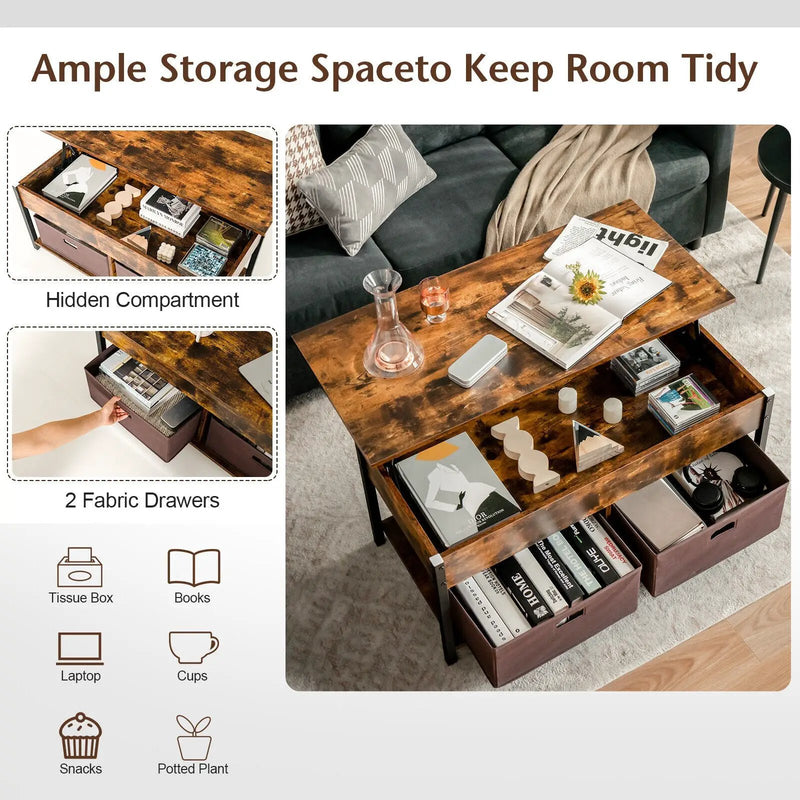 Lift Top Coffee Table Central Table with Drawers and Hidden Compartment for Living Room by DirectDeals