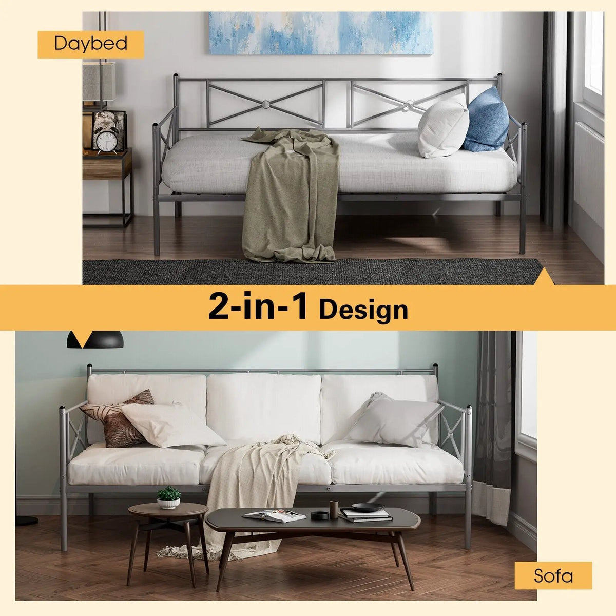 Metal Daybed Twin Bed Frame Stable Steel Slats Sofa Bed, photo 4 of 24