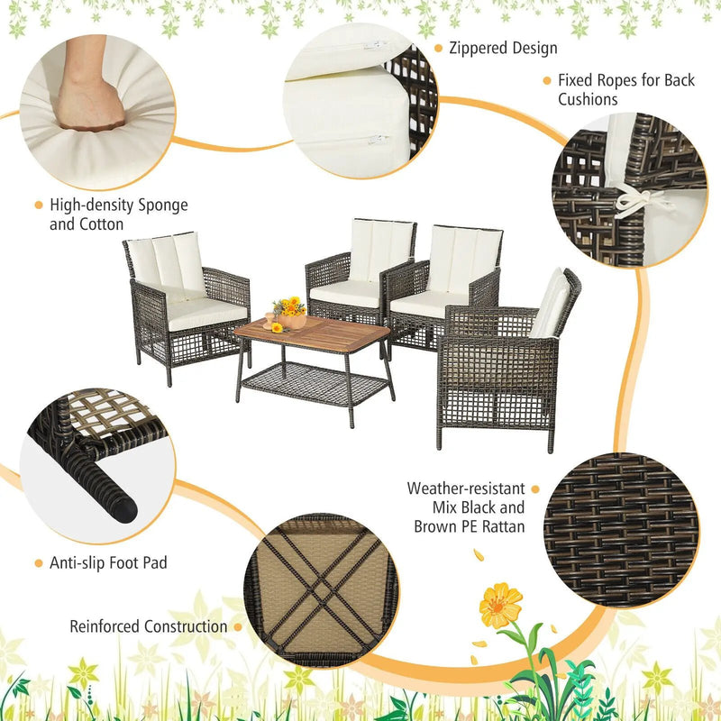 5 Pieces Patio Rattan Furniture Set Cushioned Sofa Armrest Wooden Tabletop-Off White by DirectDeals