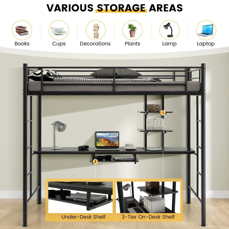 Twin Size Loft Bunk Bed with Desk Storage Shelf and Full Length Ladders-Black by DirectDeals