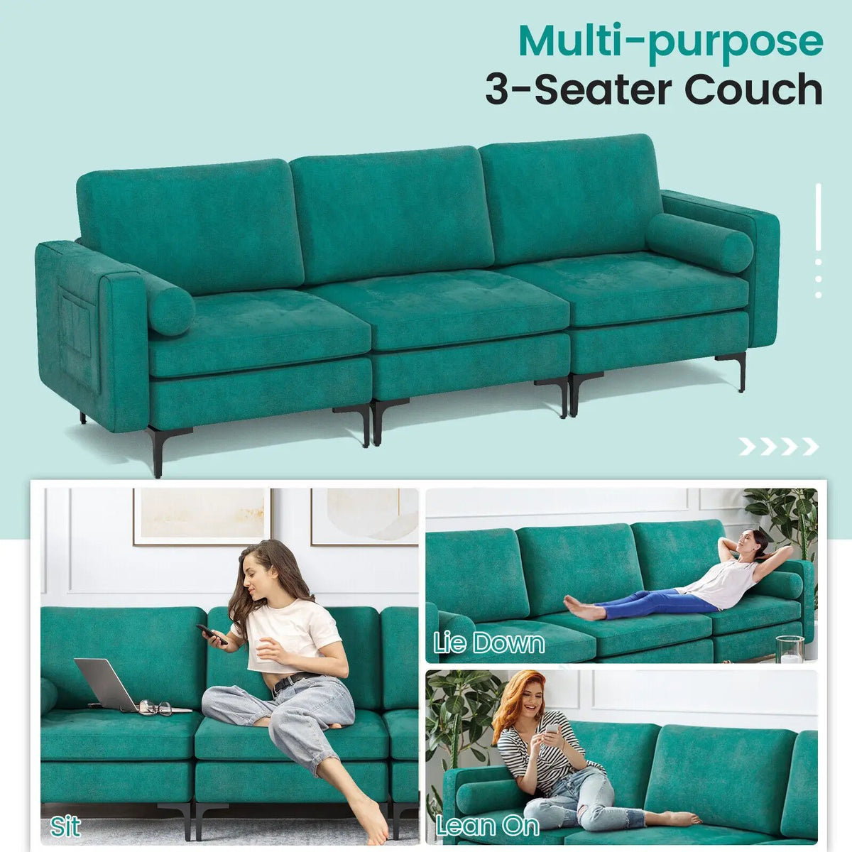 Modular 1/2/3/4-Seat L-Shaped Sectional Sofa Couch with Socket USB Port-3-Seat with USB port, photo 8 of 12