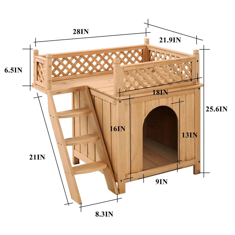 Wooden Dog House with Stairs and Raised Balcony for Puppy and Cat by DirectDeals