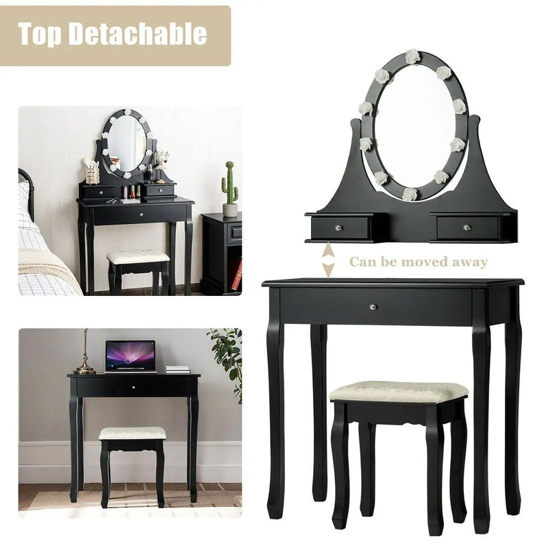 3 Drawers Lighted Mirror Vanity Dressing Table Stool Set by DirectDeals