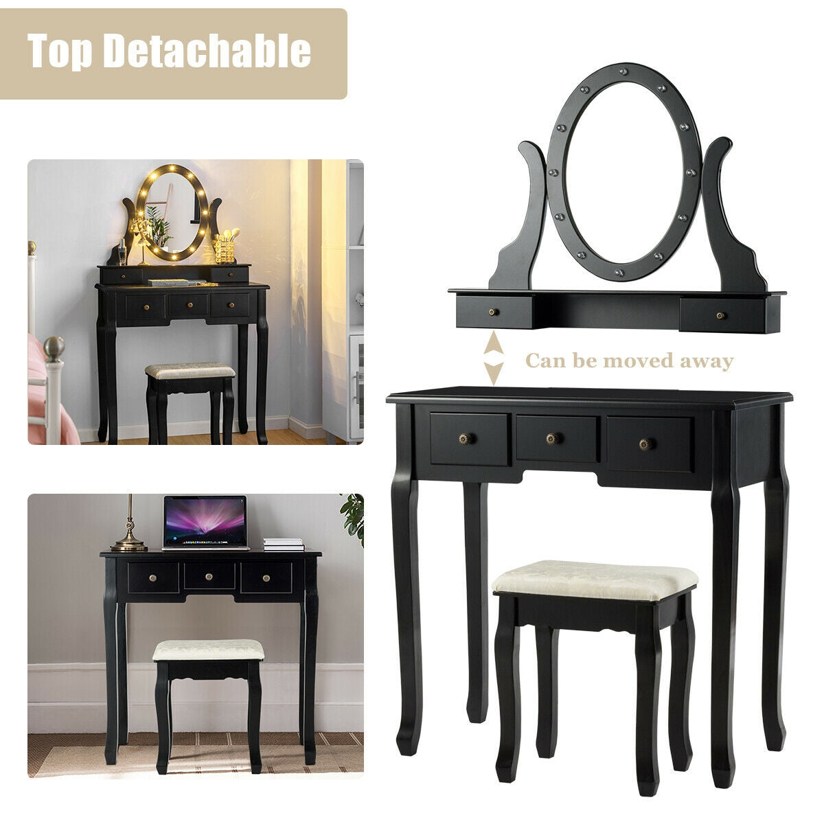 5 Drawers Vanity Table Stool Set with 12-LED Bulbs, photo 7 of 9
