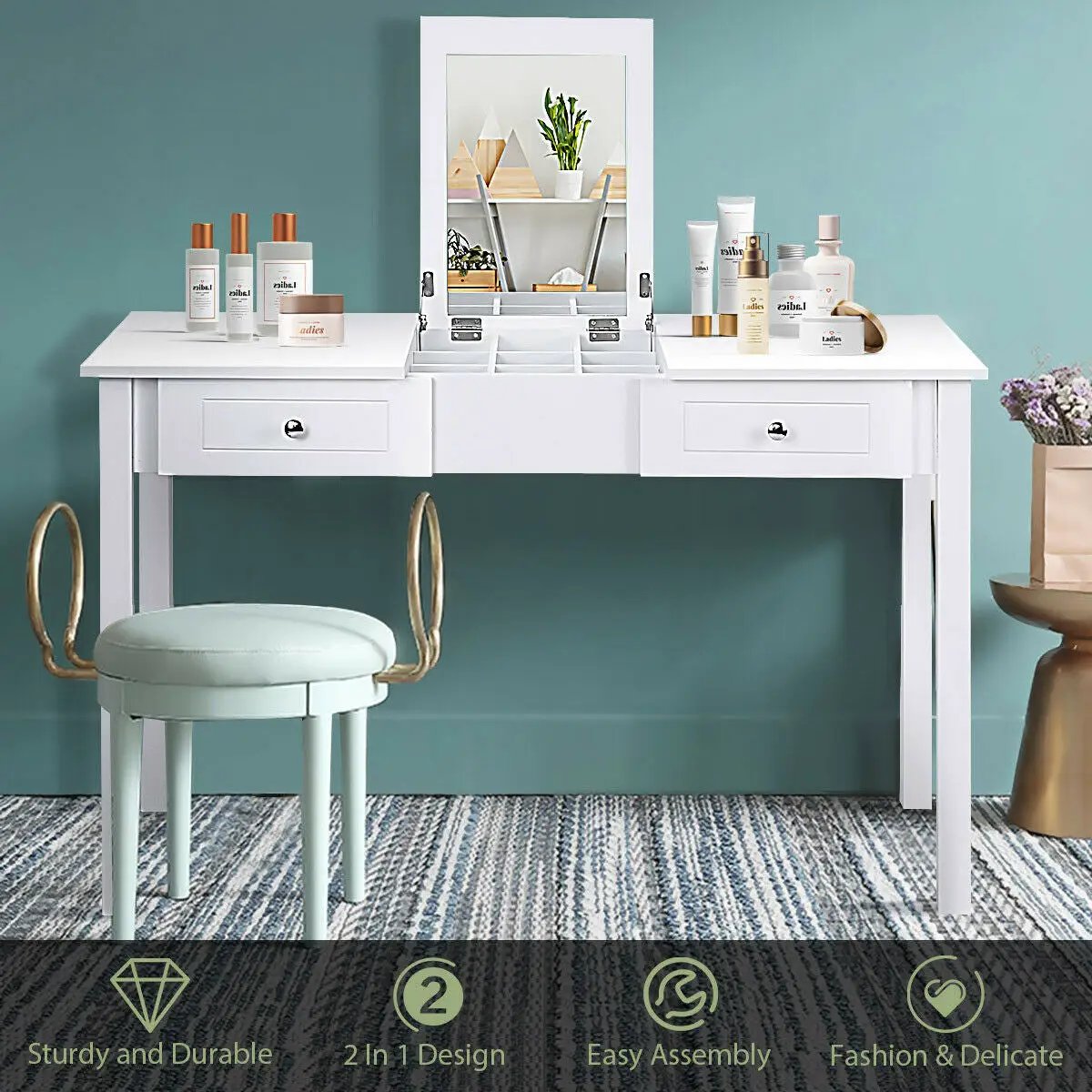 Modern Vanity Dressing Table with 1 Flip Top Mirror and 2 Drawers by DirectDeals