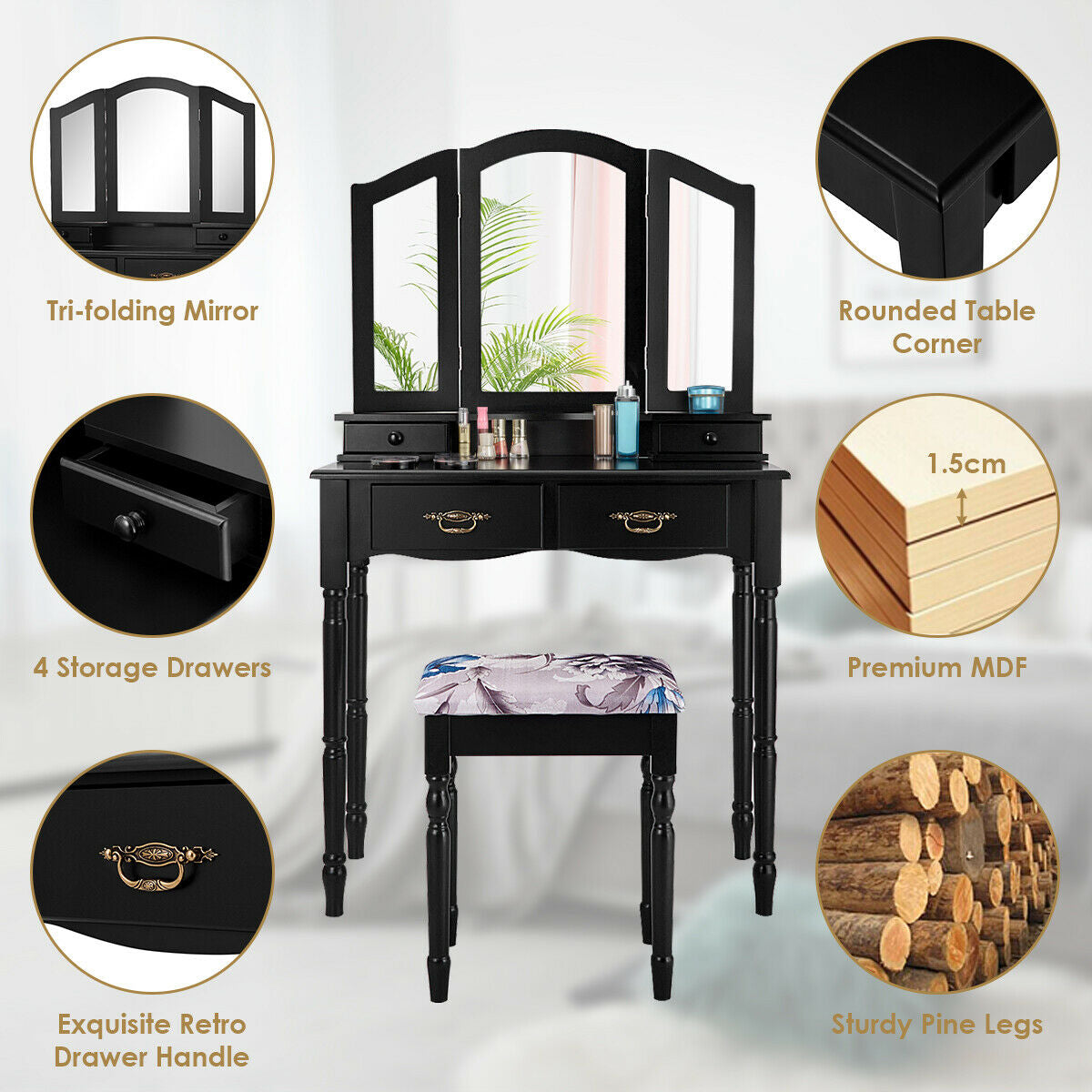 Simple Vanity Set with Tri-Folding Mirror Drawers and Storage Shelf, photo 2 of 9