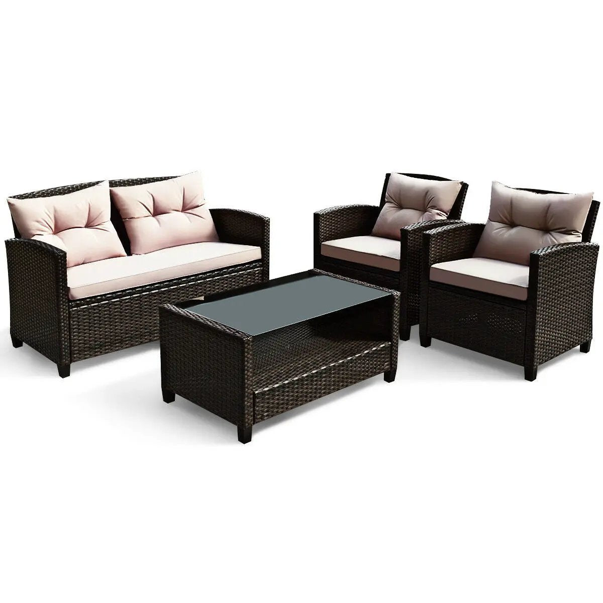4 Pieces Patio Rattan Conversation Furniture Set with Glass Top Coffee Table-Gray by DirectDeals