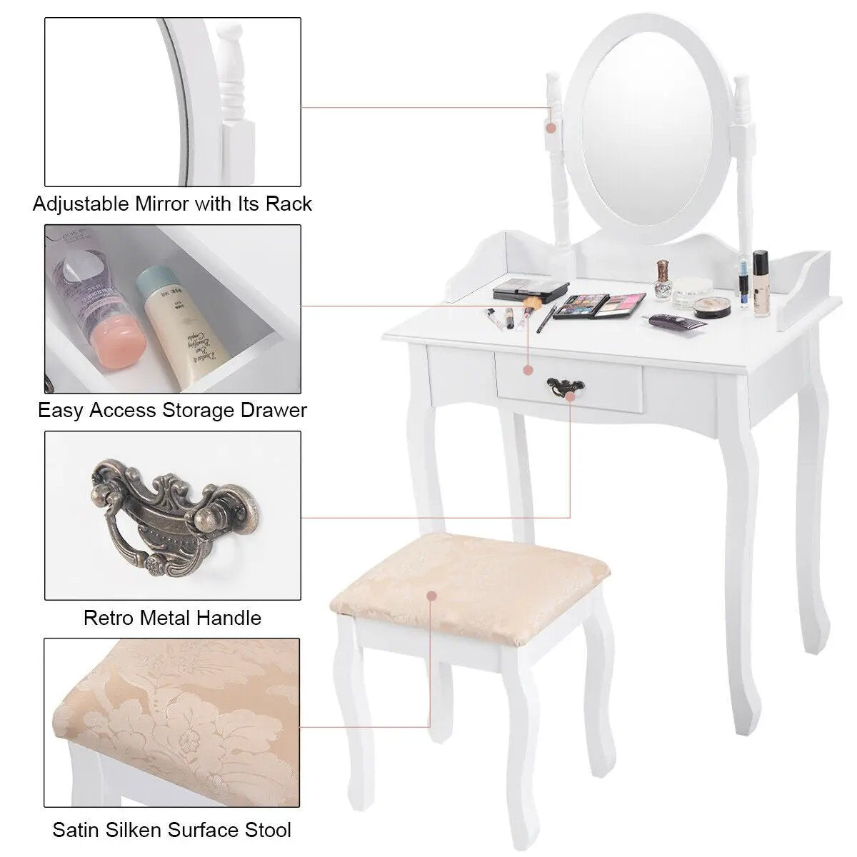 Wooden Vanity Makeup Set with Cushioned Stool and Oval Rotating Mirror by DirectDeals