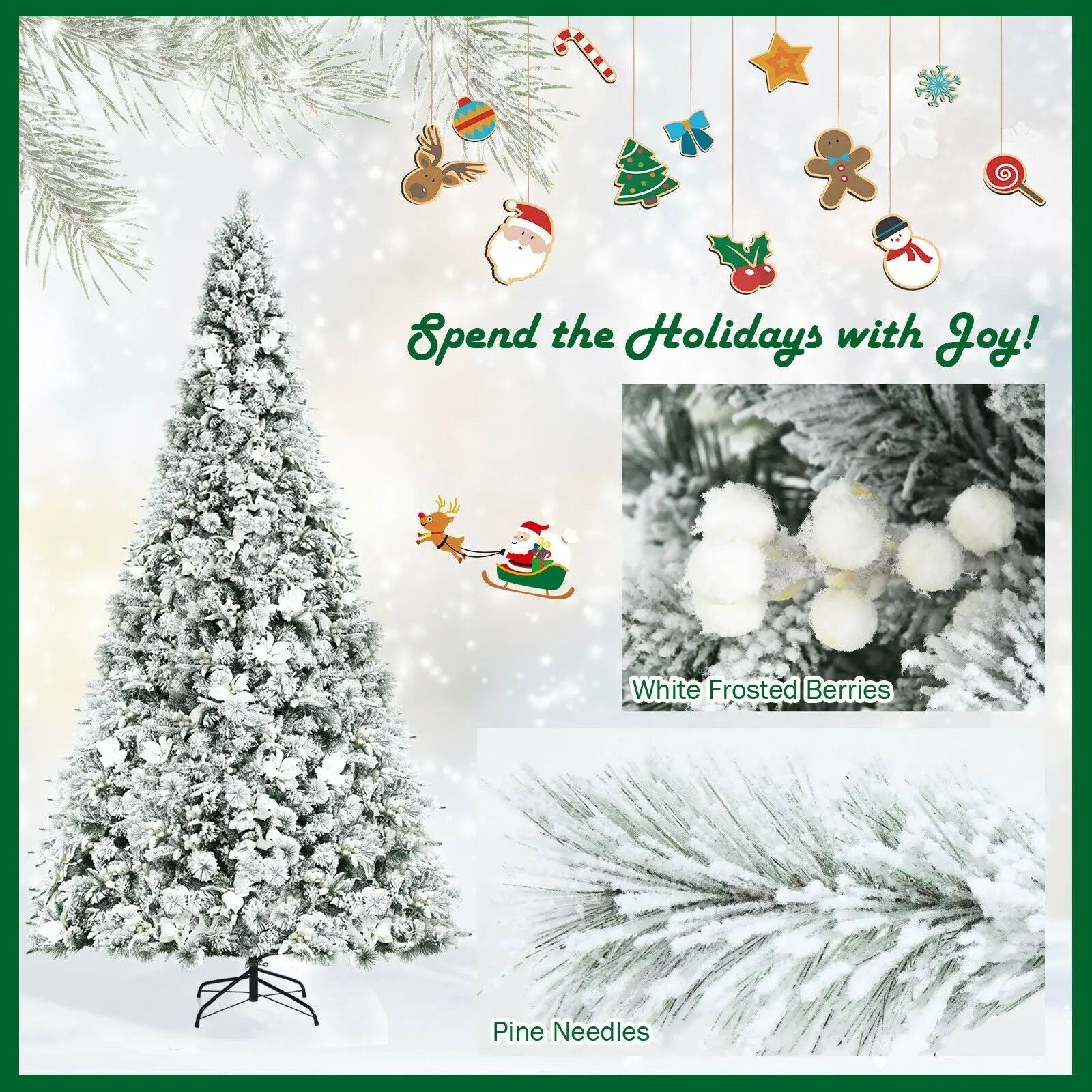 8 Feet Snow Flocked Hinged Christmas Tree with Berries and Poinsettia Flowers by DirectDeals