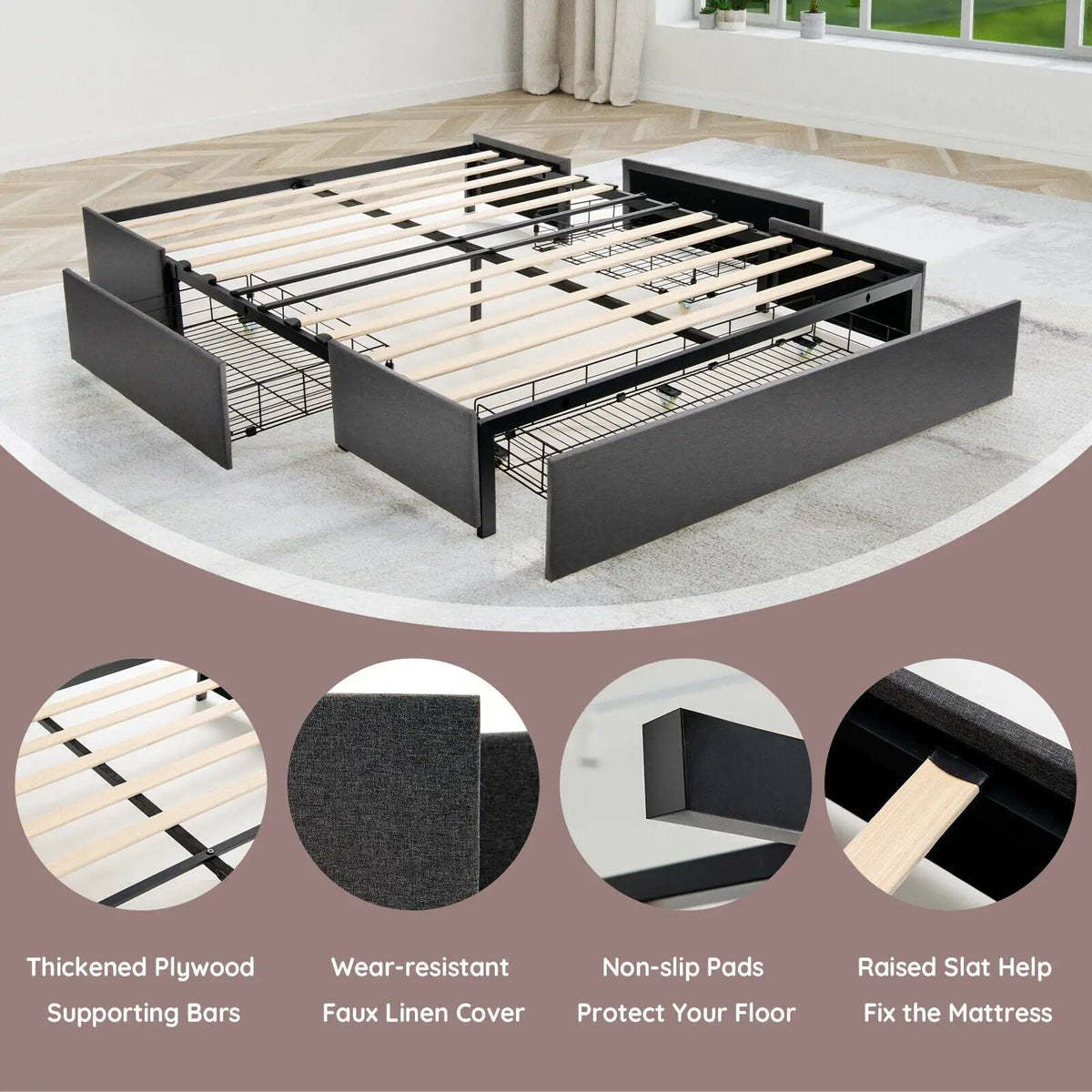 Upholstered Platform Bed Frame with 3 Storage Drawers, photo 7 of 9