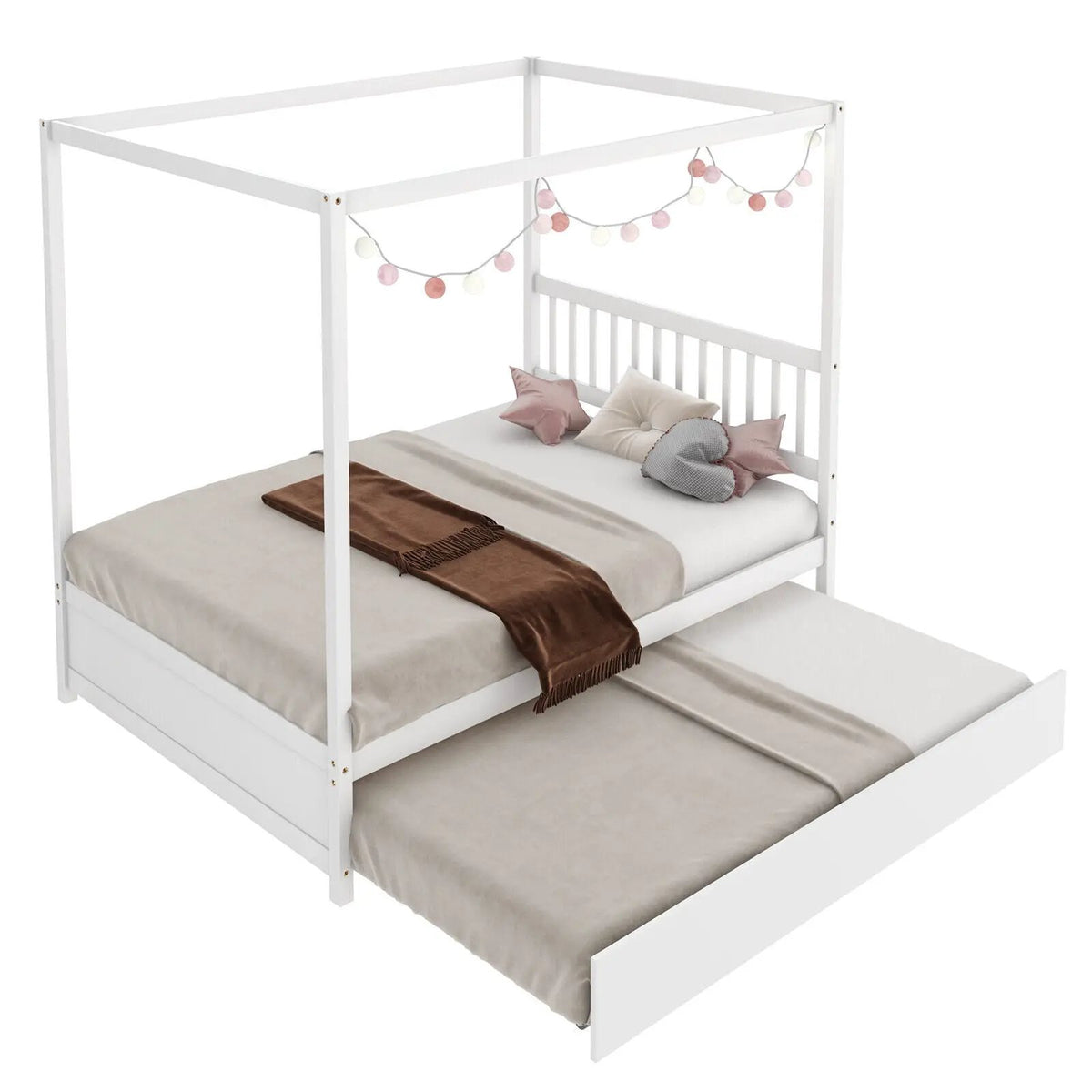 Full Size Canopy Bed with Trundle Wooden Platform Bed Frame Headboard, photo 5 of 9