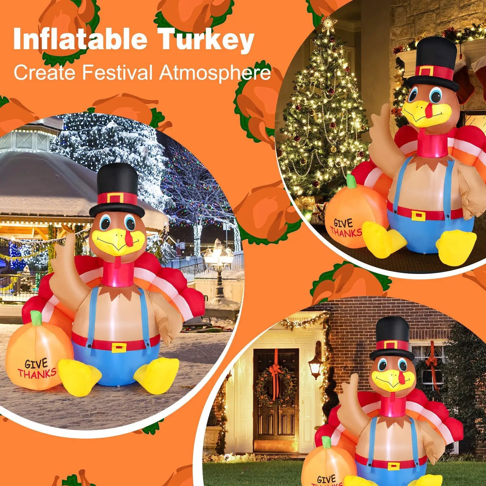 6 Feet Thanksgiving Inflatable Turkey with Pumpkin Fall Harvest Decor with Lights by DirectDeals