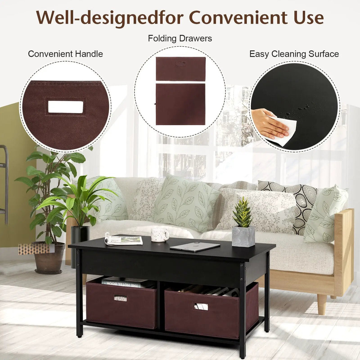 Lift Top Coffee Table Central Table with Drawers and Hidden Compartment for Living Room, photo 6 of 24