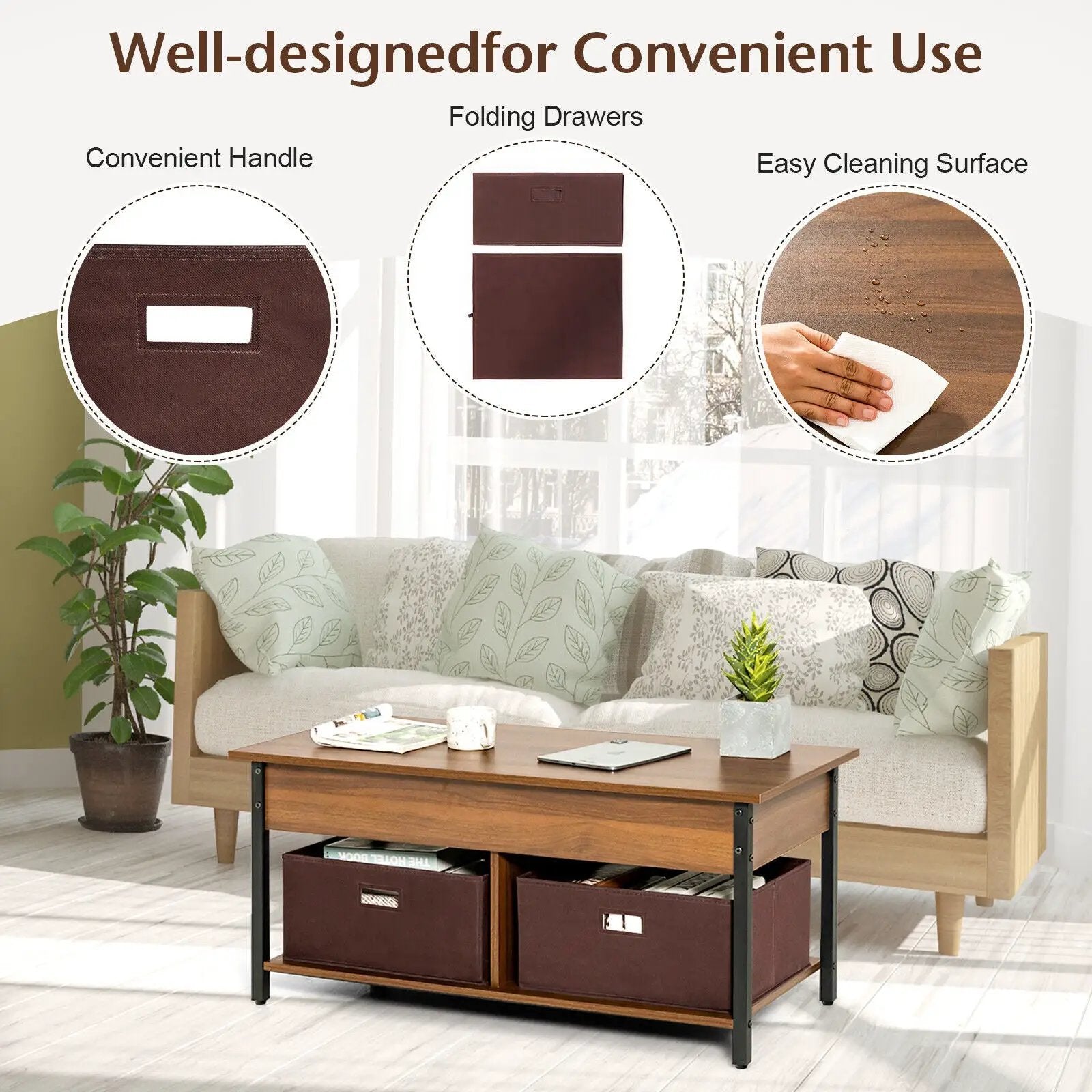 Lift Top Coffee Table Central Table with Drawers and Hidden Compartment for Living Room by DirectDeals