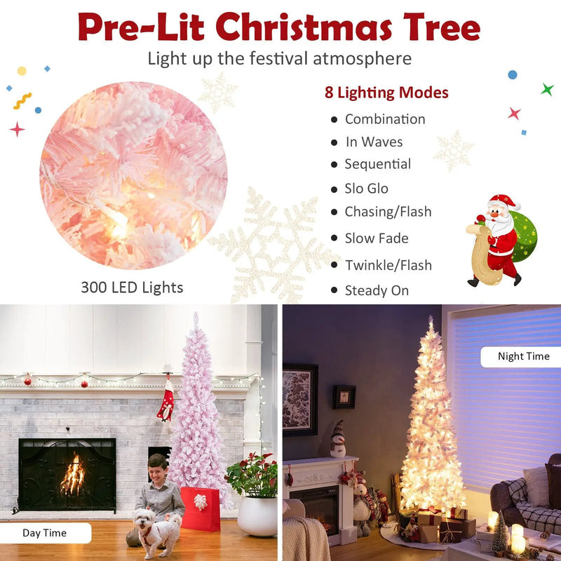 7 Feet Pre-Lit Snow Flocked Hinged Pencil Christmas Tree with 300 Lights and 8 Modes by DirectDeals