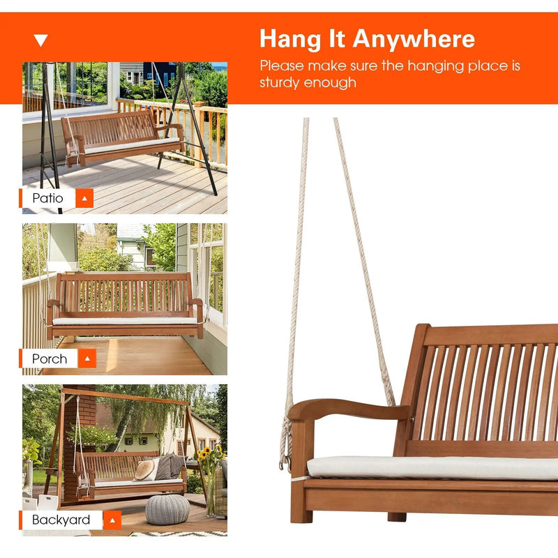 2-Person Hanging Porch Swing Wood Bench with Cushion Curved Back by DirectDeals