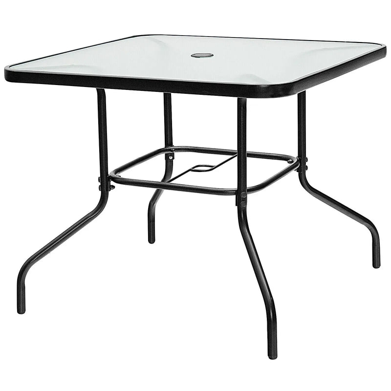 35 Inch Patio Dining Square Tempered Glass Table with Umbrella Hole by DirectDeals