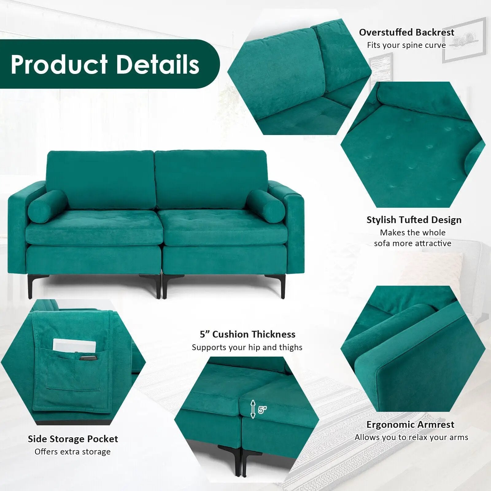 Modular 1/2/3/4-Seat L-Shaped Sectional Sofa Couch with Socket USB Port-2-Seat by DirectDeals
