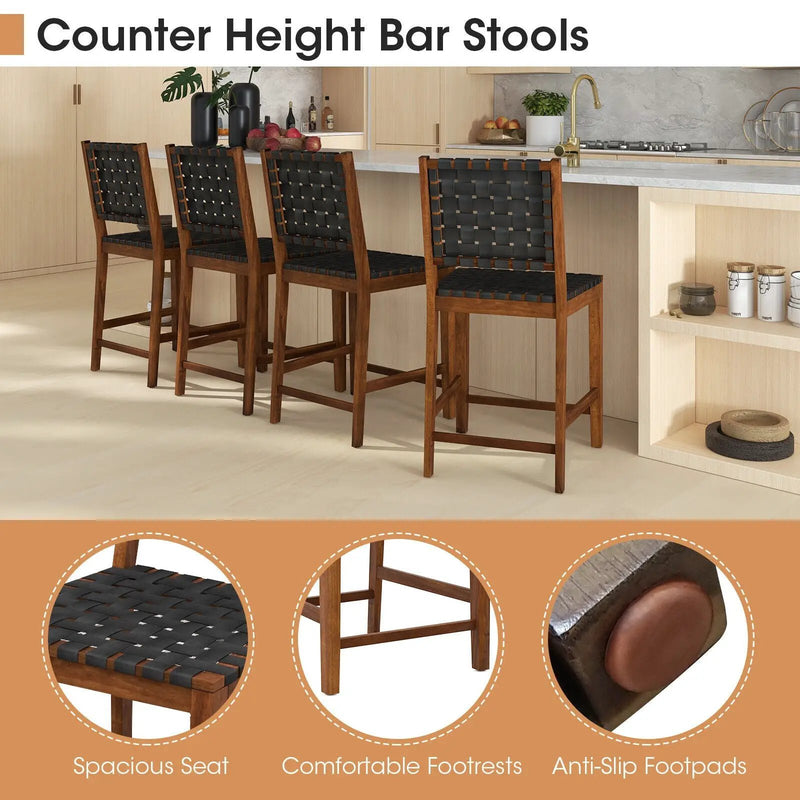 Set of 2 Woven Bar Stools with Faux PU Leather Straps-Black by DirectDeals