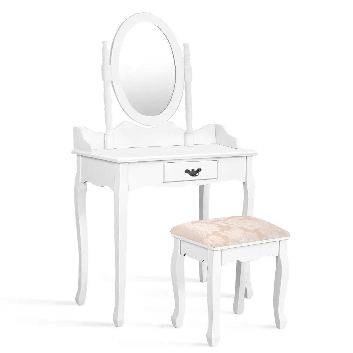 Wooden Vanity Makeup Set with Cushioned Stool and Oval Rotating Mirror by DirectDeals