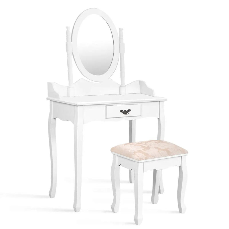 Wooden Vanity Makeup Set with Cushioned Stool and Oval Rotating Mirror by DirectDeals