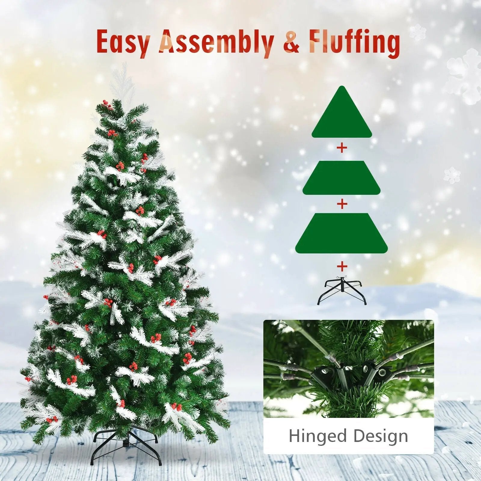 Unlit Snowy Hinged Christmas Tree with Mixed Tips and Red Berries by DirectDeals